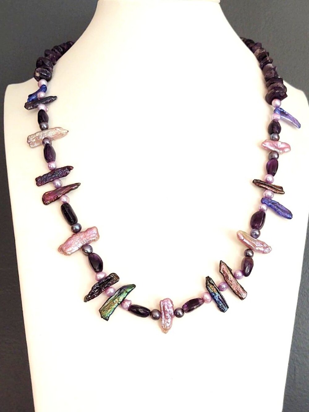 Metallic bead, pearl and amethyst stone necklace